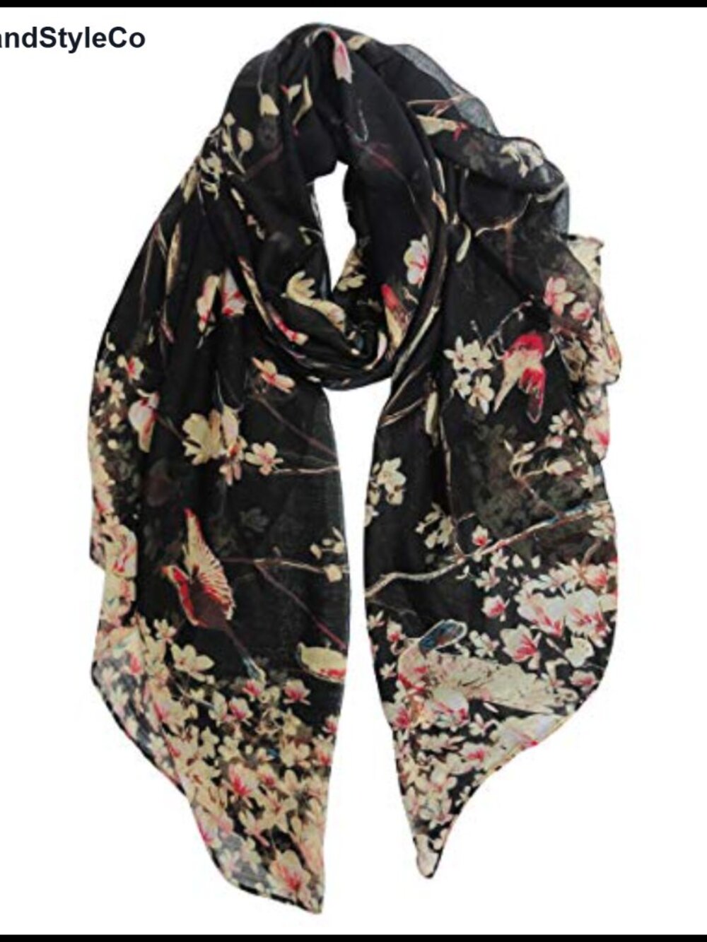 Lightweight Polyester Scarf Floral Birds Print Wrap Shawl